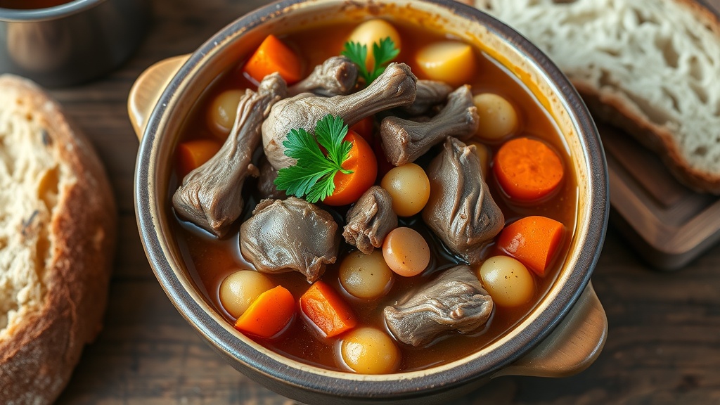 Hearty Duck Stew with Root Vegetables A warm bowl of duck stew with carrots and potatoes, garnished with parsley, on a rustic wooden table with bread.